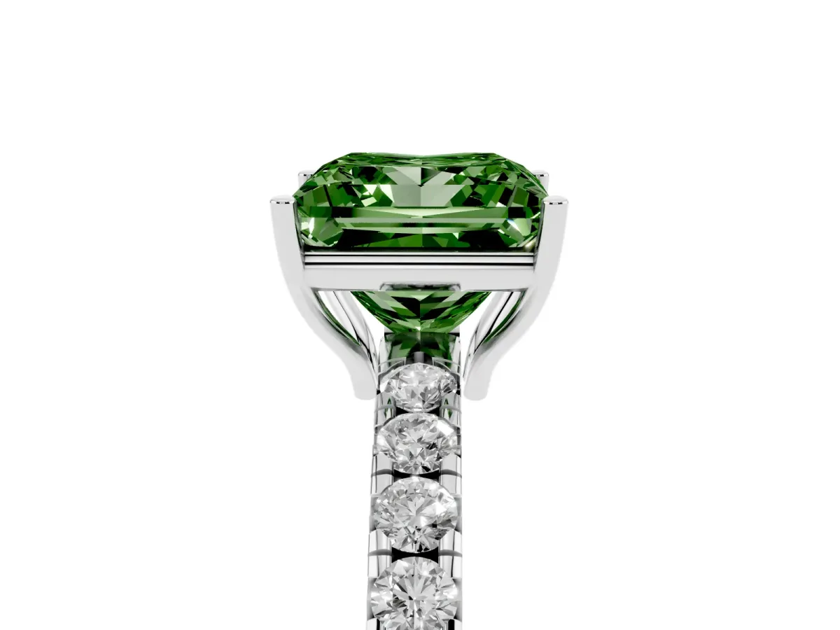Fancy Green Princess Cut Diamond Pavé Solitaire Engagement Ring with Four-Prong Setting Silver