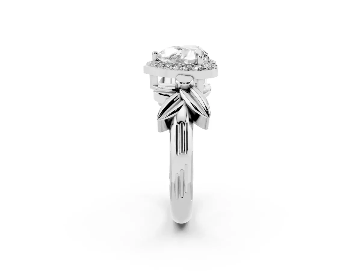 Heart Cut Halo Diamond Floral Band with Four-Prong Setting White gold