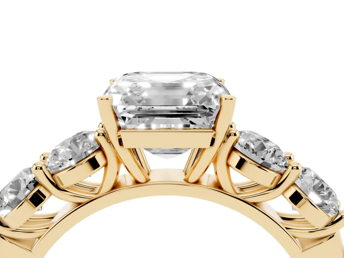 Asscher Cut Cut Five-Stone Prong Set Diamond Ring with Classic Band Yellow gold