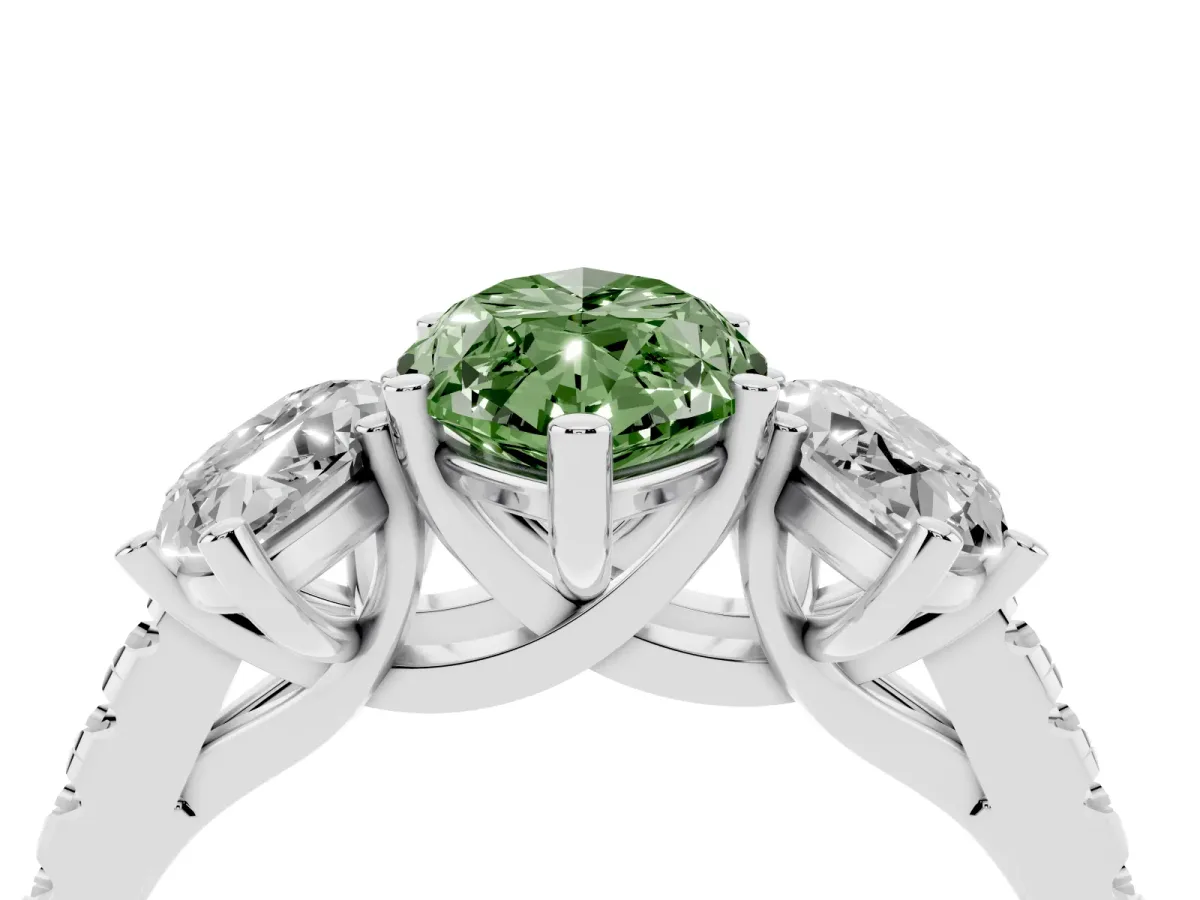 Fancy Green Three-Stone Marquise Cut Diamond Ring with Round Pavé Band and Prong Setting Silver