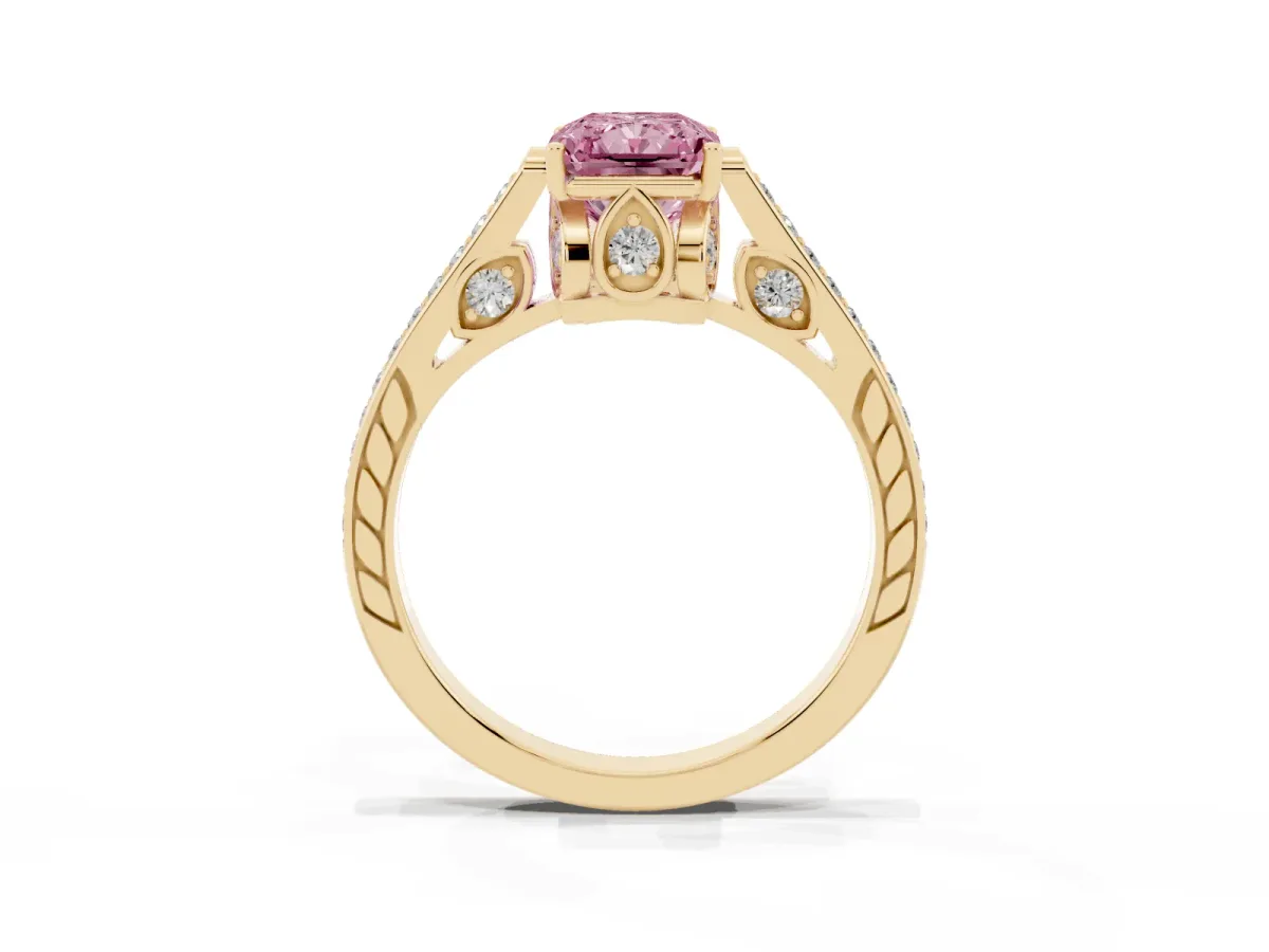 Fancy Pink Radiant Cut Cut Cathedral Pave Diamond Engagement Ring with Six-Prong Setting Yellow gold