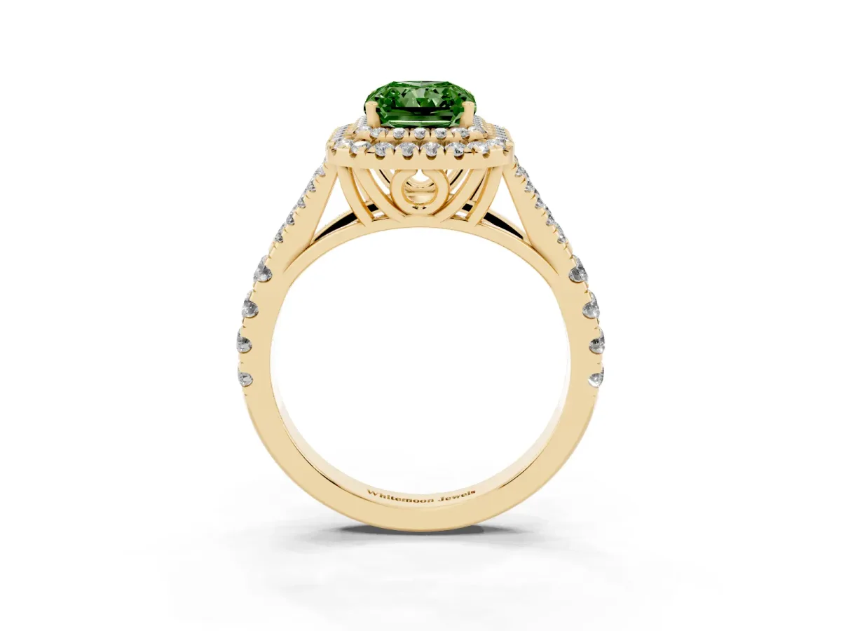 Fancy Green Radiant Cut Diamond Pavé Split Shank Double Halo Engagement Ring Yellow gold