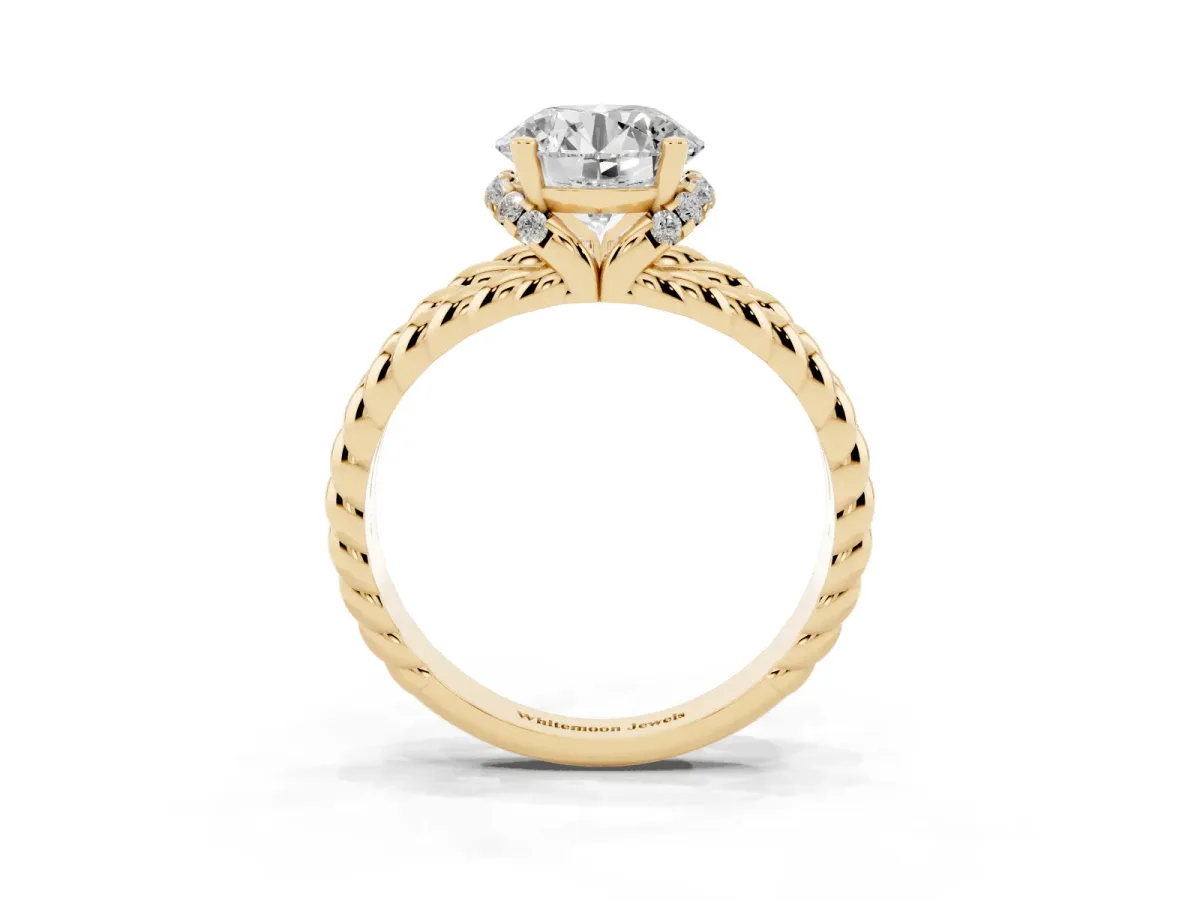 Round Cut Halo Twisted Band Four-Prong Ring Yellow gold