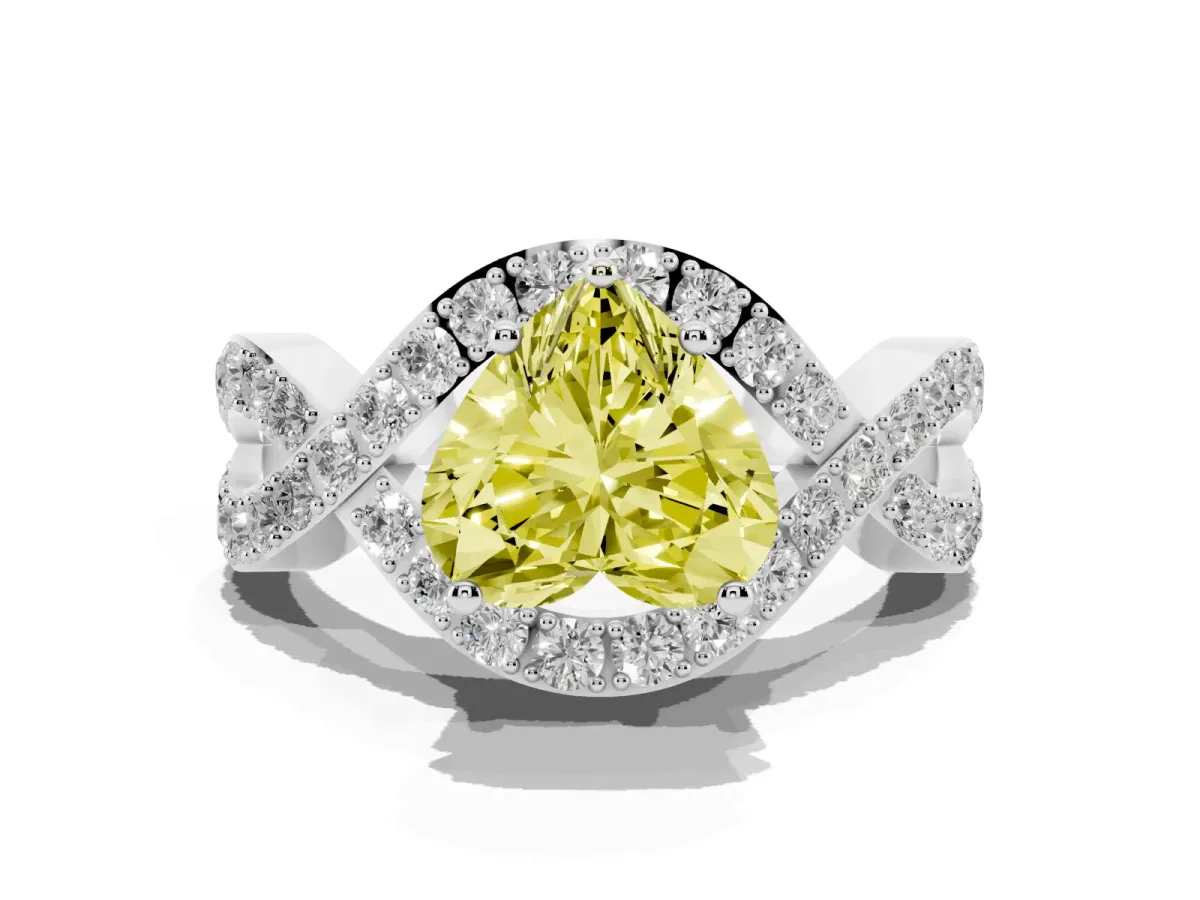 Fancy Yellow Heart Cut Solitaire Twist Band Pavé Diamond Engagement Ring Silver