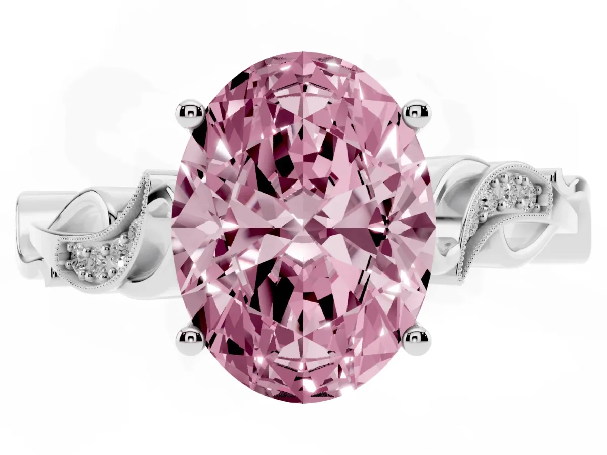 Fancy Pink Oval Cut Solitaire Vine Band with Milgrain Prong Setting Silver