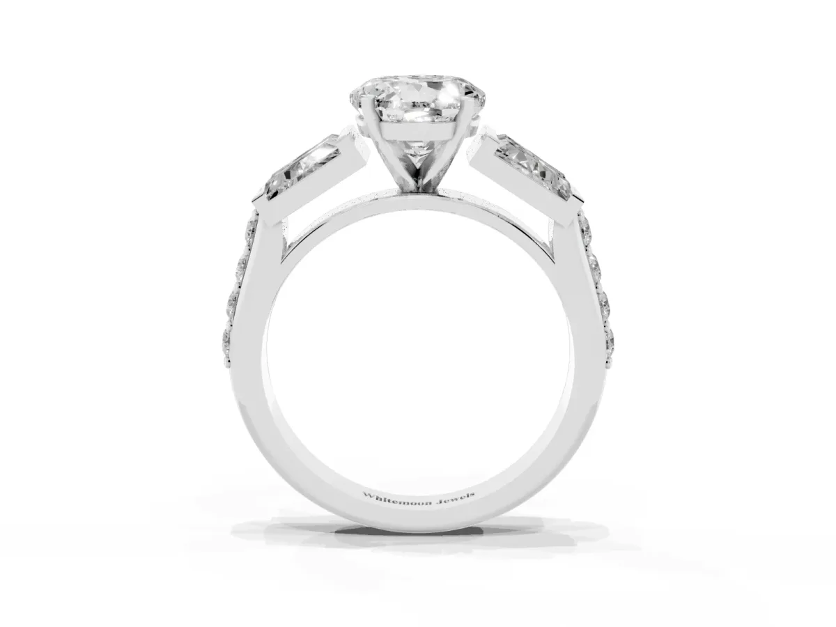 Round Cut Diamond Engagement Ring with Baguette Side Stones and Channel Set Band Silver