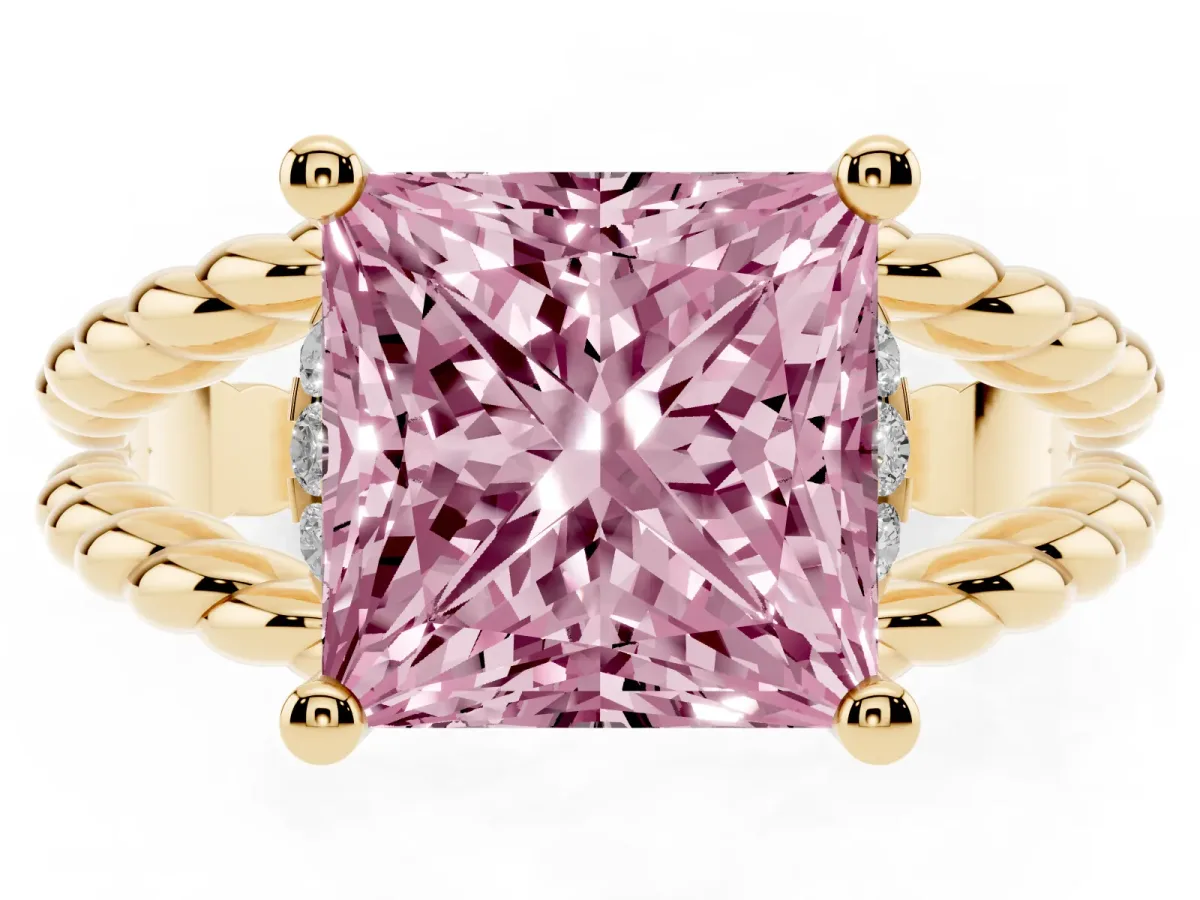 Fancy Pink Princess Cut Halo Twisted Band Four-Prong Ring Yellow gold