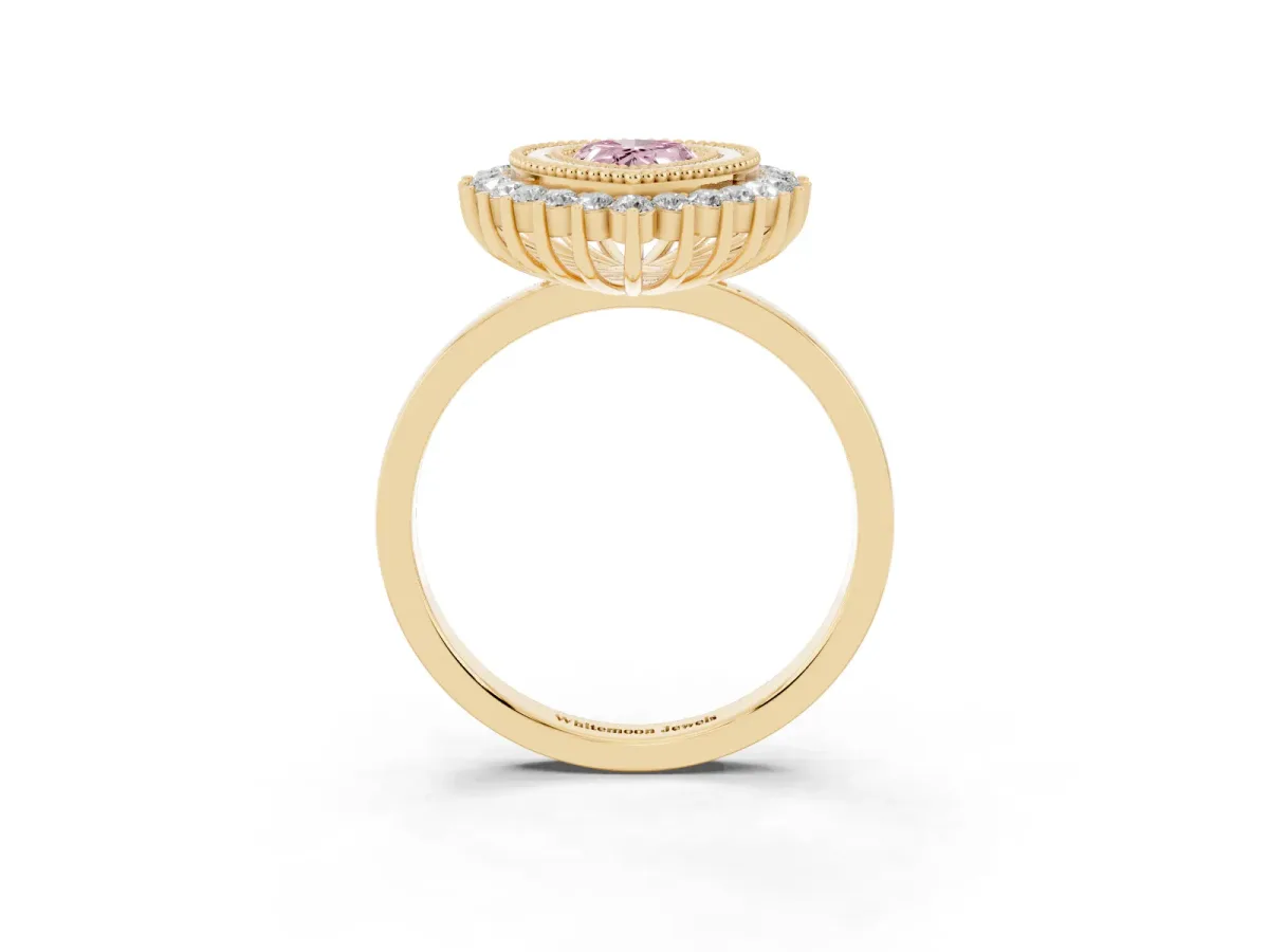 Fancy Pink Pear Cut Halo Diamond Ring with Milgrain Edge and Round Prong Setting Yellow gold