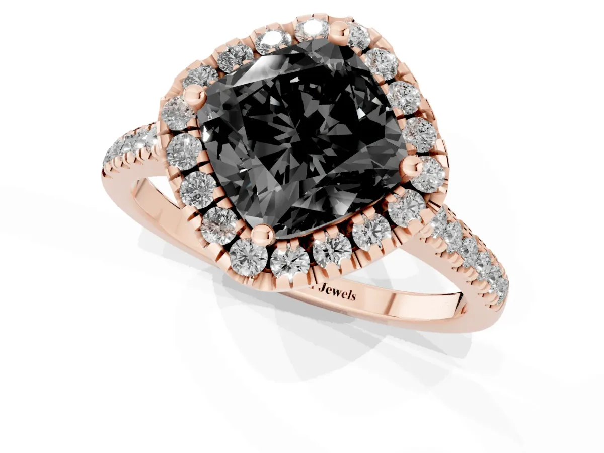 Fancy Black Cushion Cut Diamond Cushion Halo Ring with Pavé Band Rose gold