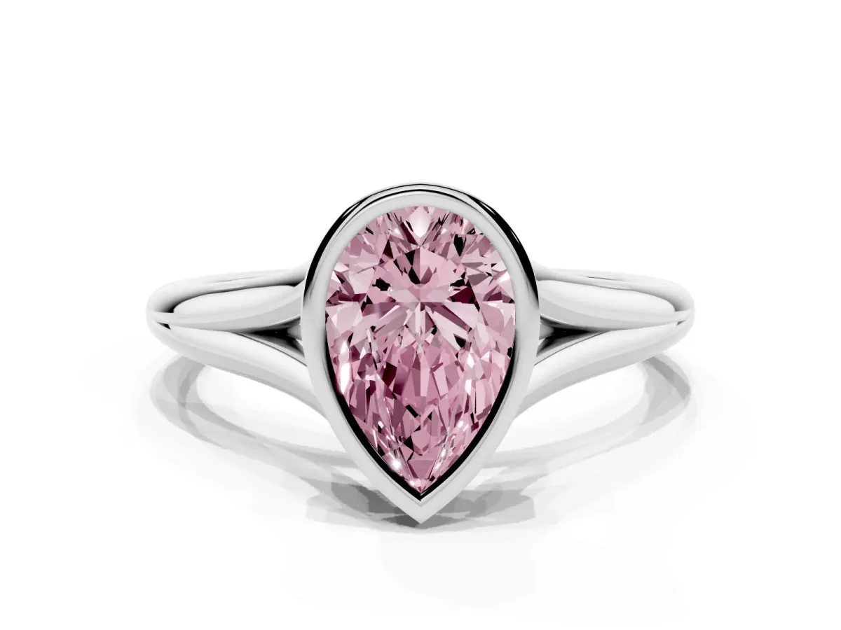 Fancy Pink Bezel Set Pear Cut Cut Solitaire Ring with Tapered Band Silver