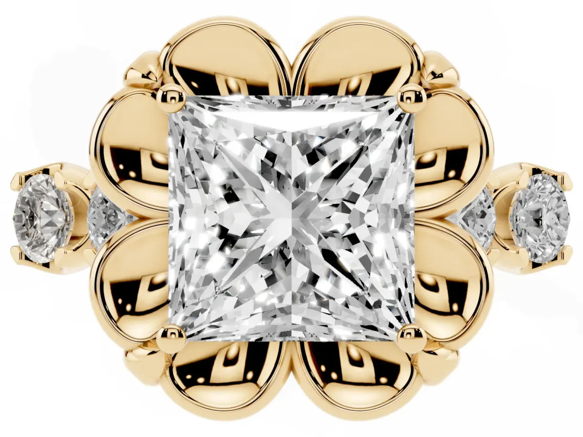 Princess Cut Cut Diamond Floral Halo Engagement Ring with Shared Prong Setting Yellow gold