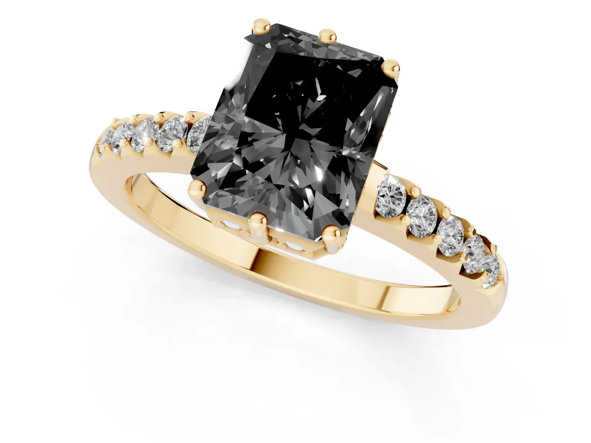 Fancy Black Radiant Cut Solitaire Diamond Engagement Ring with Pavé Band and Six-Prong Setting Yellow gold