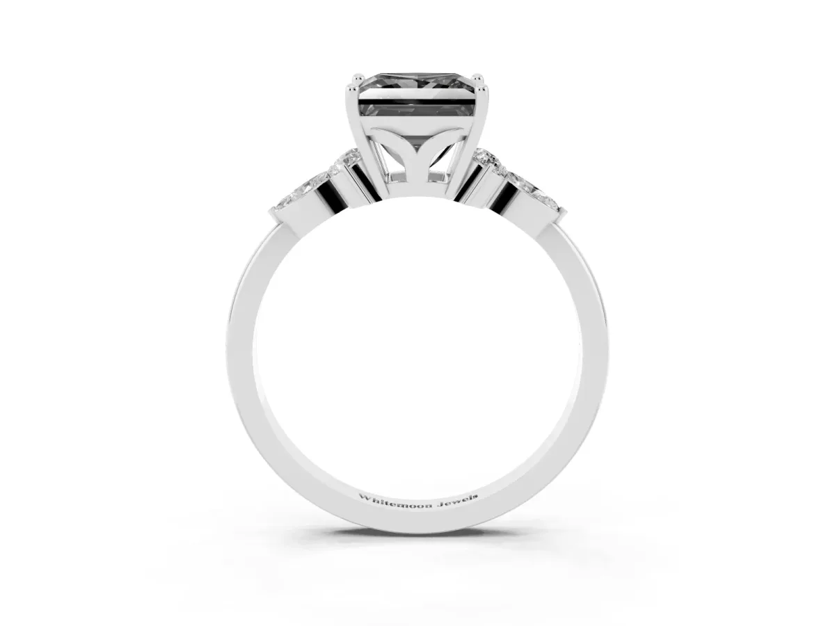 Fancy Black Princess Cut Brilliant Diamond Solitaire Ring with Pear Side Stones and Four-Prong Setting Silver