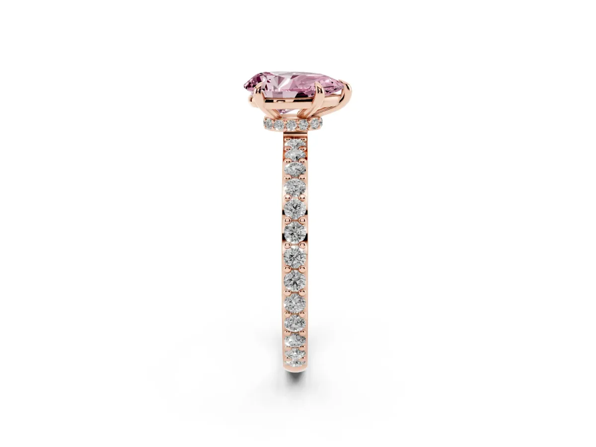 Fancy Pink Pear Cut Diamond Pavé Engagement Ring with Round Accents and Prong Setting Rose gold