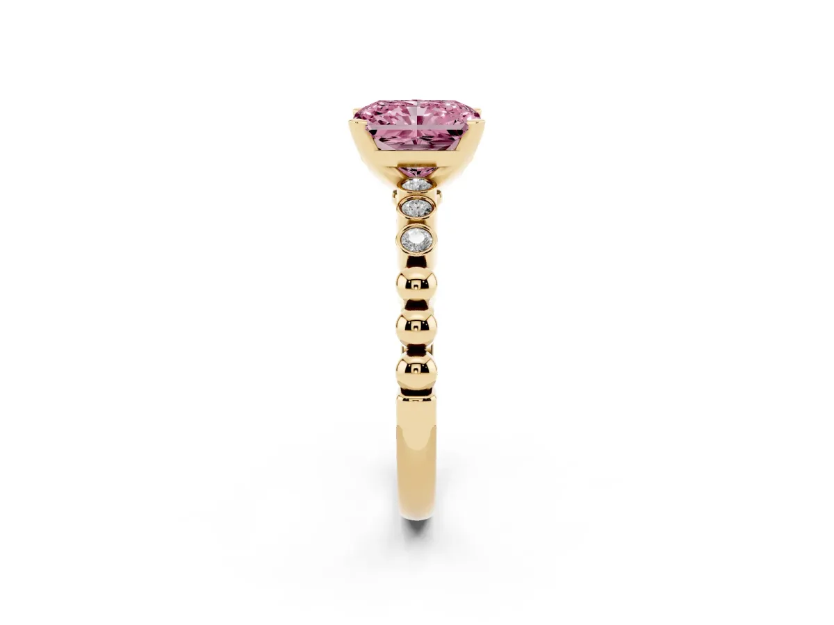 Fancy Pink Radiant Cut Solitaire Bezel Accent Diamond Engagement Ring with Beaded Band and Four-Prong Setting Yellow gold