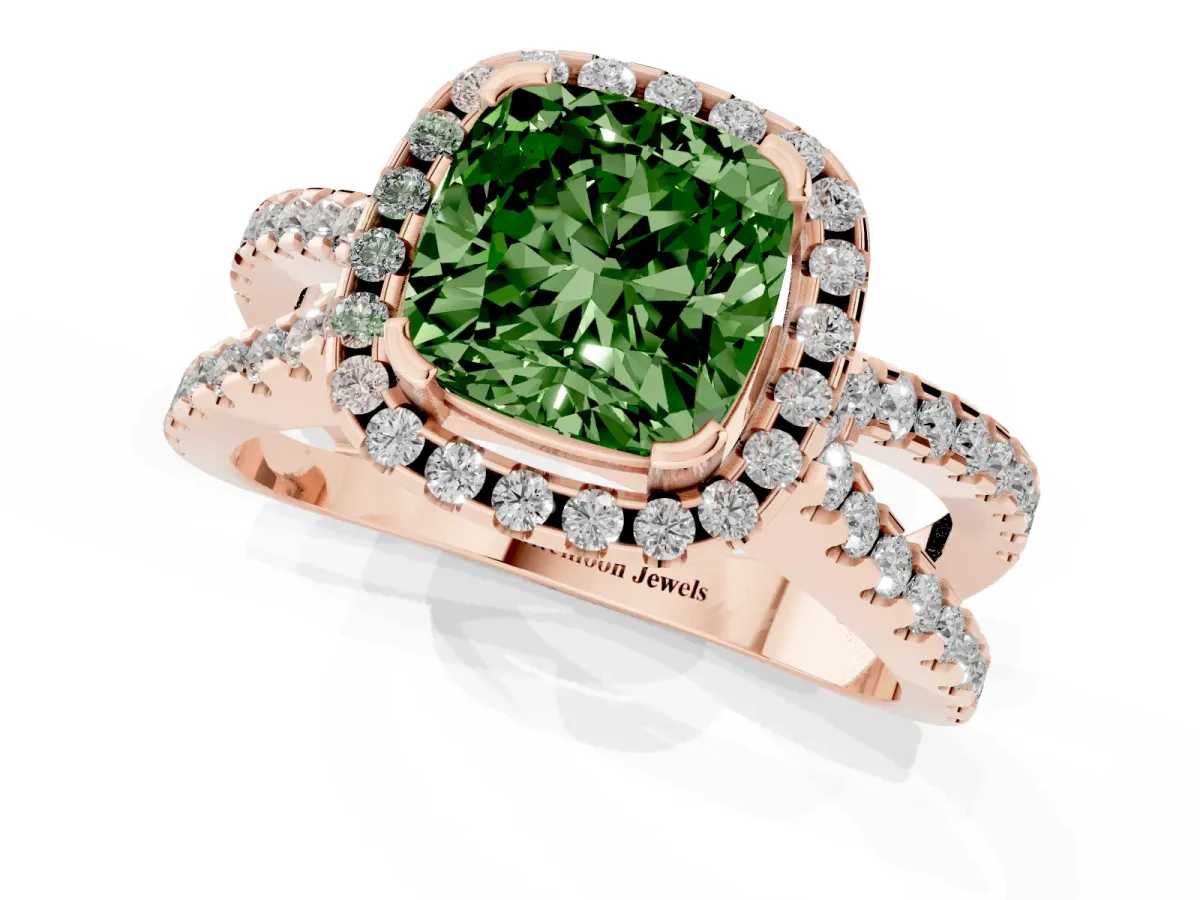 Fancy Green Cushion Cut Diamond Halo Ring with Split Shank Pavé Band and Prong Setting Rose gold