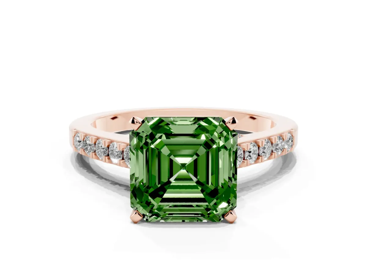 Fancy Green Asscher Cut Diamond Solitaire Ring with Crossover Gallery and Round Pavé Band Rose gold