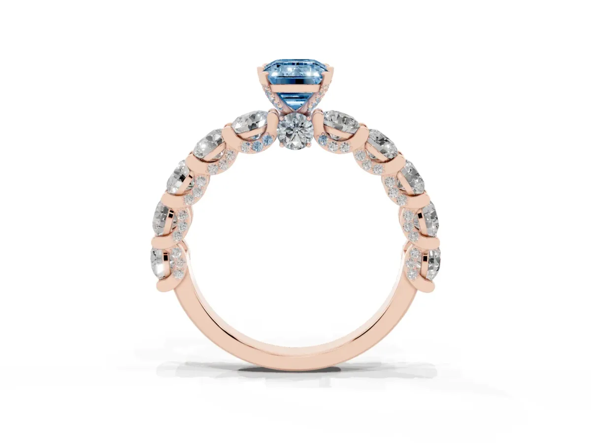 Fancy Blue Emerald Cut Diamond Side Stone Engagement Ring with Four-Prong Setting Rose gold