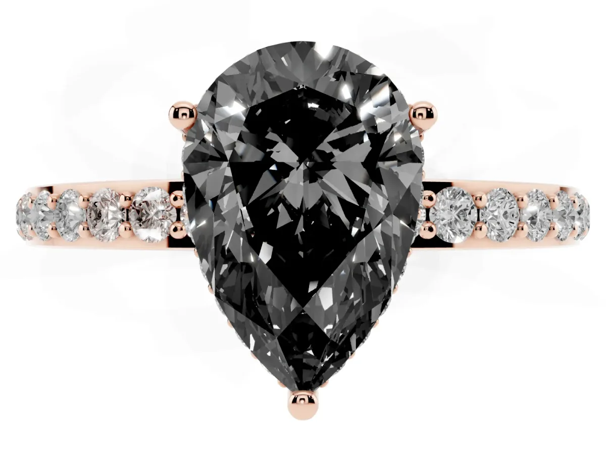 Fancy Black Pear Cut Diamond Solitaire Ring with Pavé Band and Hidden Halo Rose gold