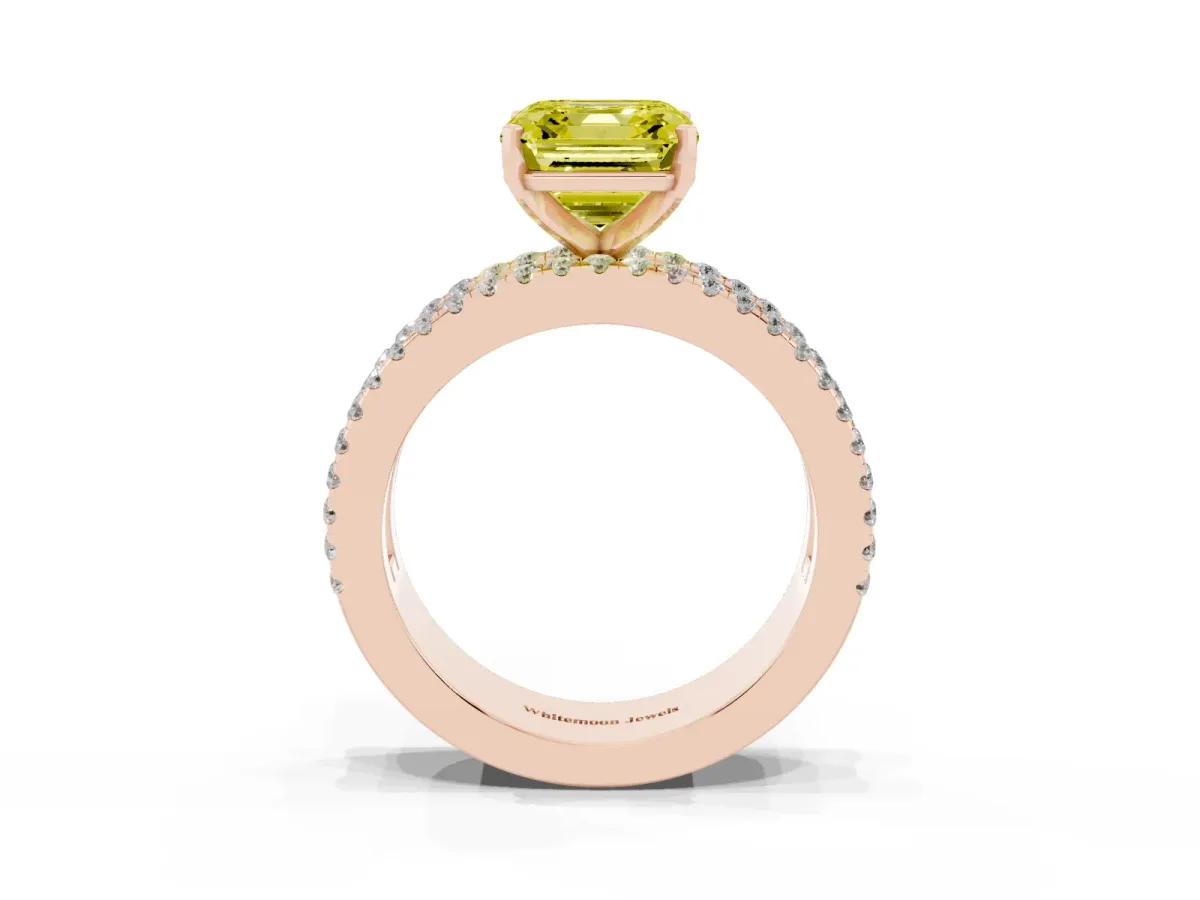 Fancy Yellow Asscher Cut Diamond Solitaire Ring with Pavé and Channel Set Band Rose gold