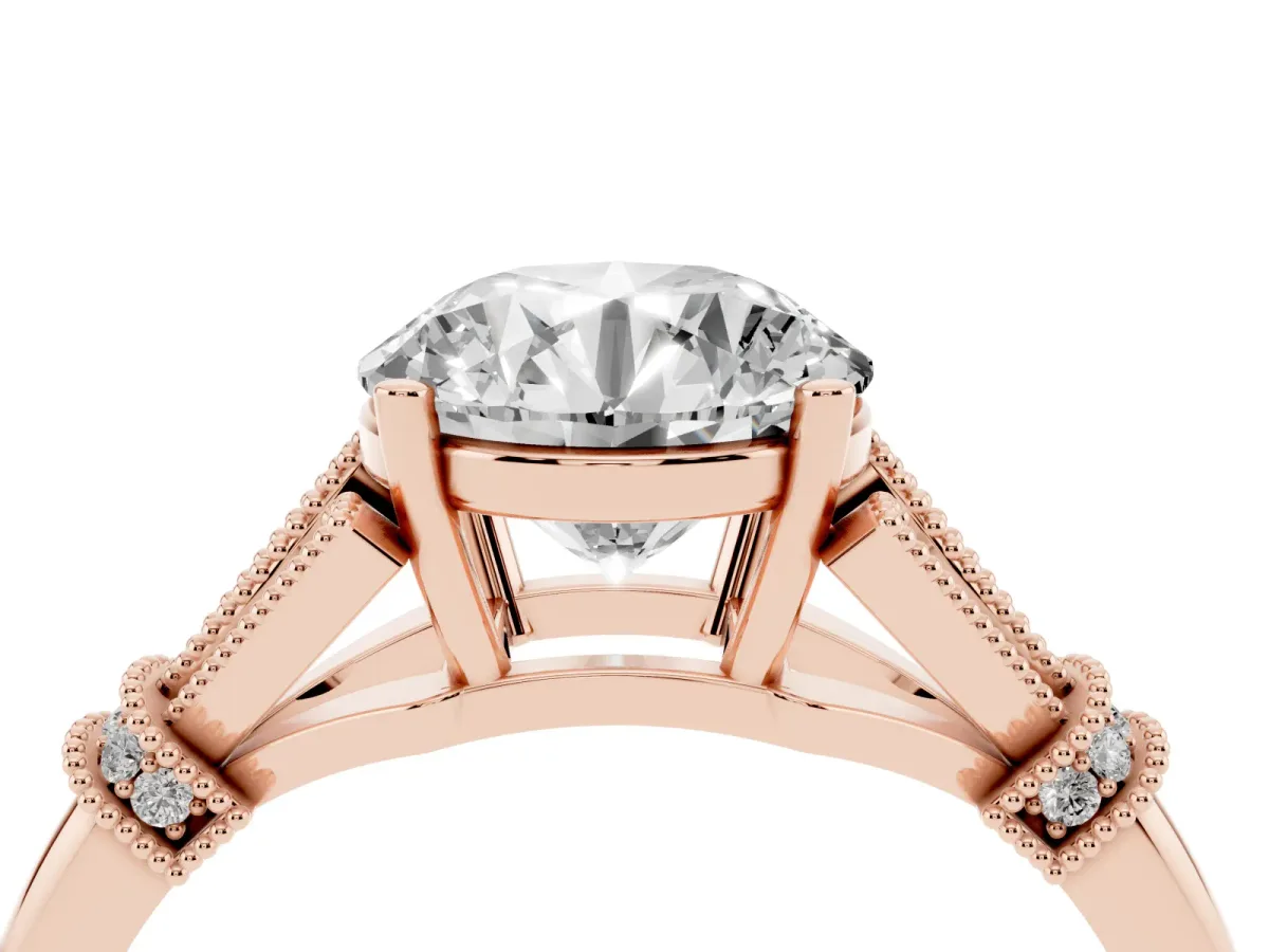 Round Cut Diamond Solitaire Ring with Floral Filigree and Pave Accents Rose gold