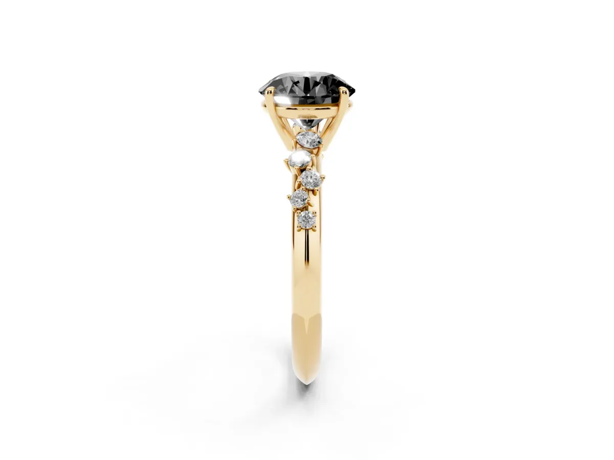Fancy Black Round Cut Diamond Cluster Side Stone Solitaire Ring with Prong Setting Yellow gold