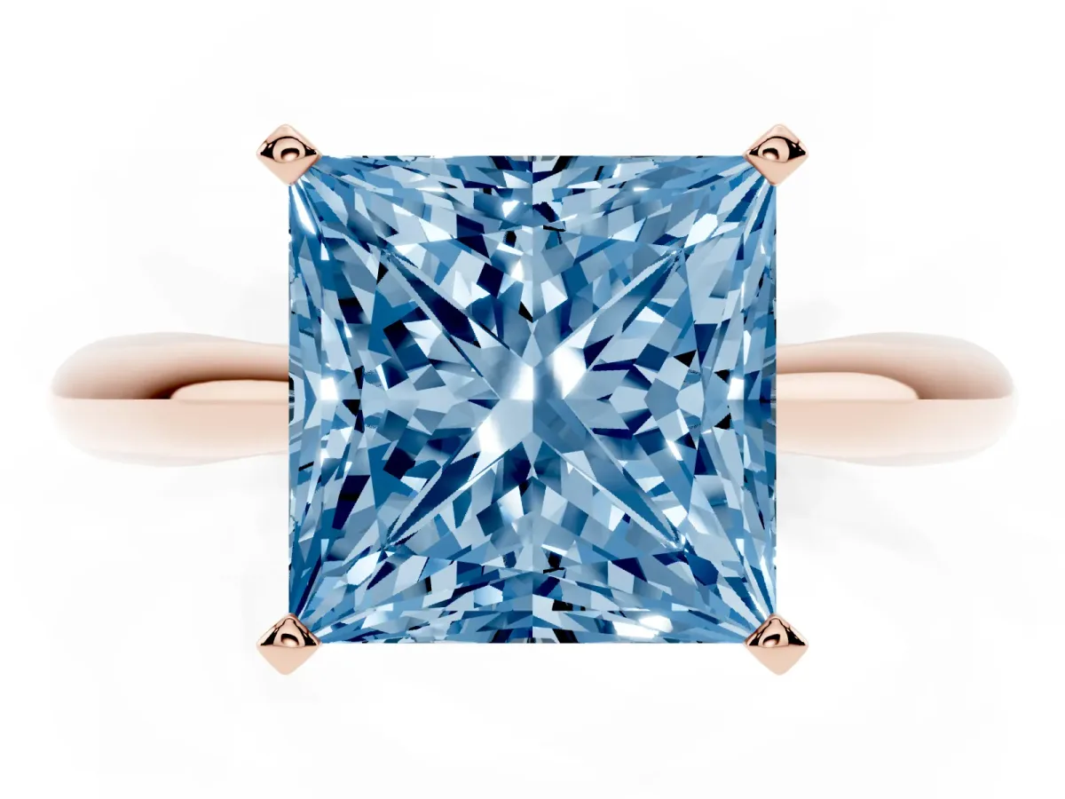 Fancy Blue Princess Cut Diamond Solitaire Engagement Ring with Cathedral Setting and Four-Prong Mount Rose gold