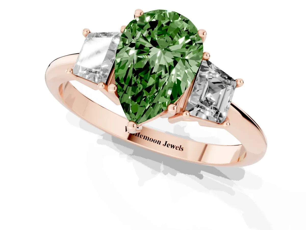 Fancy Green Pear Cut Diamond Three-Stone Ring with Trapezoid Side Stones and Prong Setting Rose gold