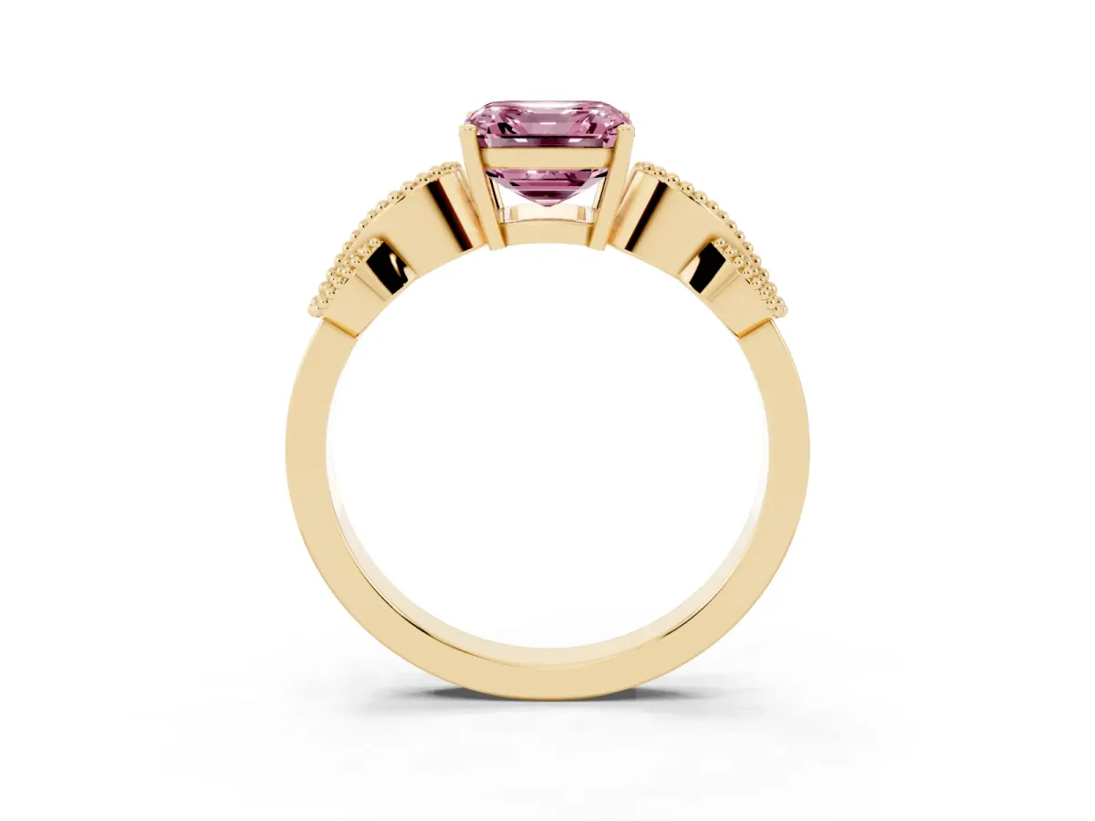 Fancy Pink Asscher Cut Solitaire Milgrain Leaf Band with Prong Setting Yellow gold