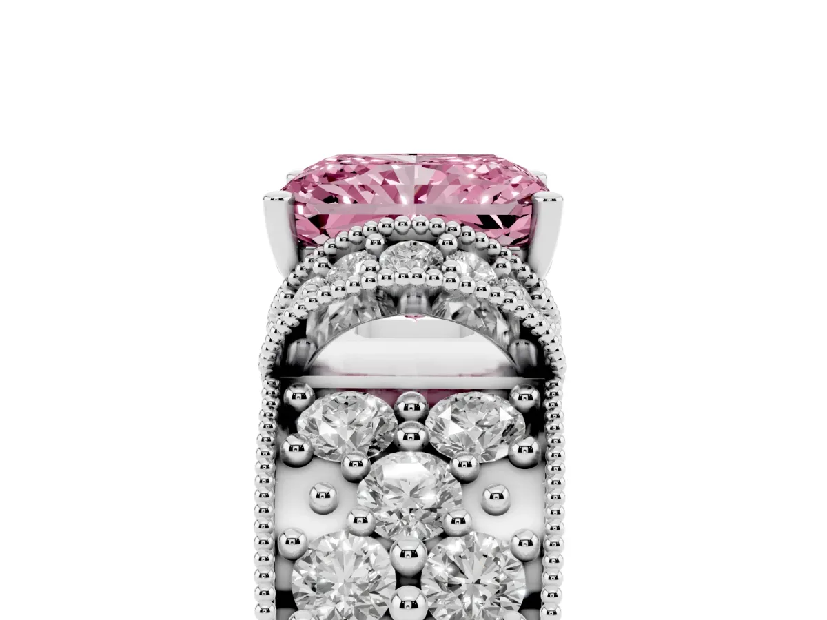 Fancy Pink Radiant Cut Halo Pave Diamond Engagement Ring with Milgrain Detailing White gold