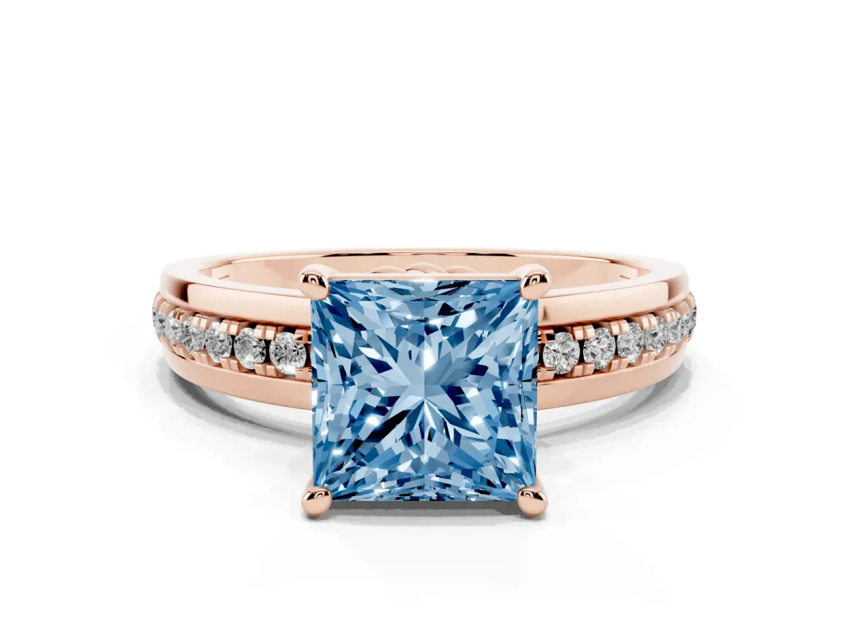 Fancy Blue Princess Cut Solitaire Diamond Ring with Channel Set Band and Six-Prong Setting Rose gold