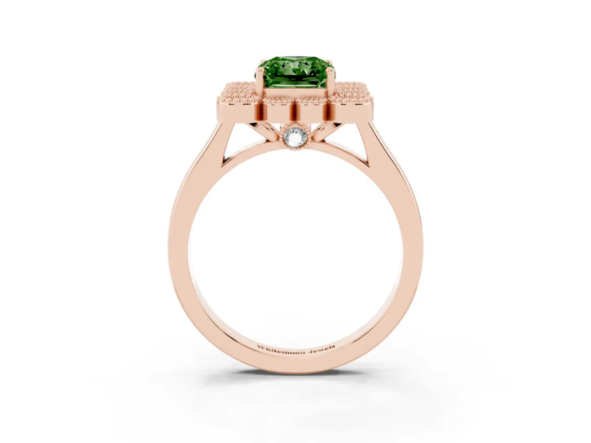 Fancy Green Radiant Cut Halo Diamond Cluster Engagement Ring with Milgrain Bezel Setting and Solitaire Band Rose gold