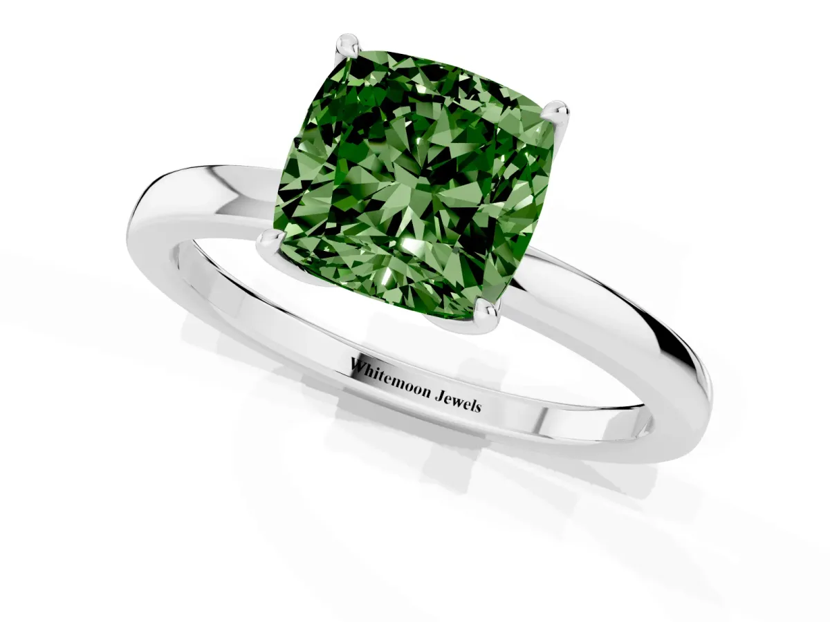 Fancy Green Cushion Cut Diamond Solitaire Ring with Thin Band and Prong Setting White gold