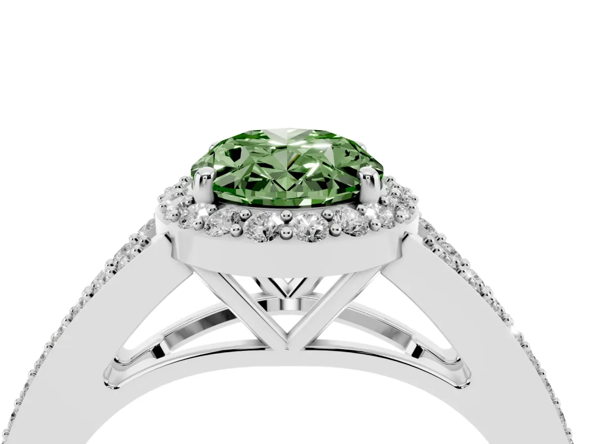 Fancy Green Oval Cut Halo Split Shank Pave Diamond Ring with Four-Prong Setting White gold
