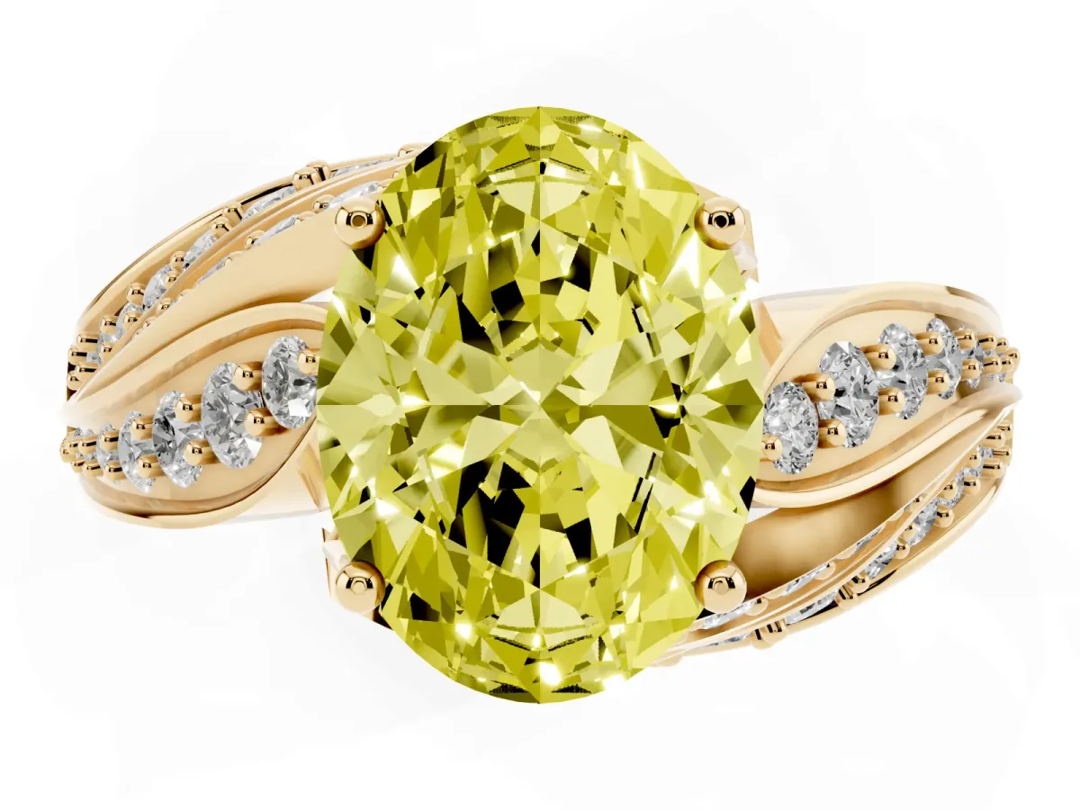 Fancy Yellow Oval Cut Diamond Solitaire Ring with Prong Setting and Twisted Pavé Band Yellow gold