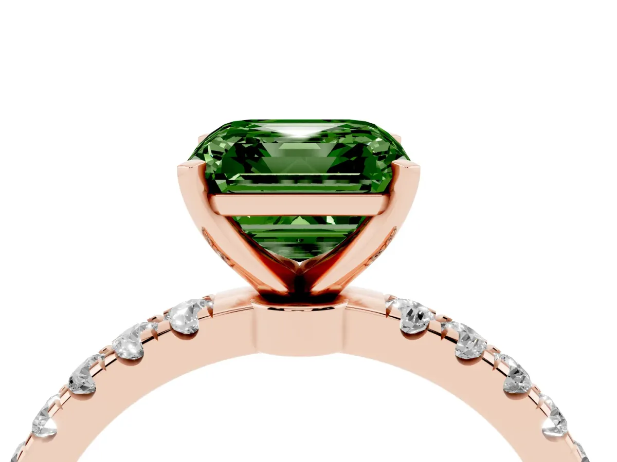 Fancy Green Asscher Cut Diamond Solitaire Ring with Pavé Accents and Four-Prong Setting Rose gold
