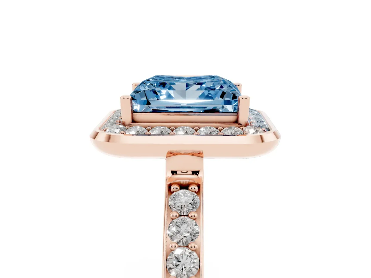 Fancy Blue Princess Cut Diamond Halo Ring with Bezel Frame and Pavé Band Rose gold