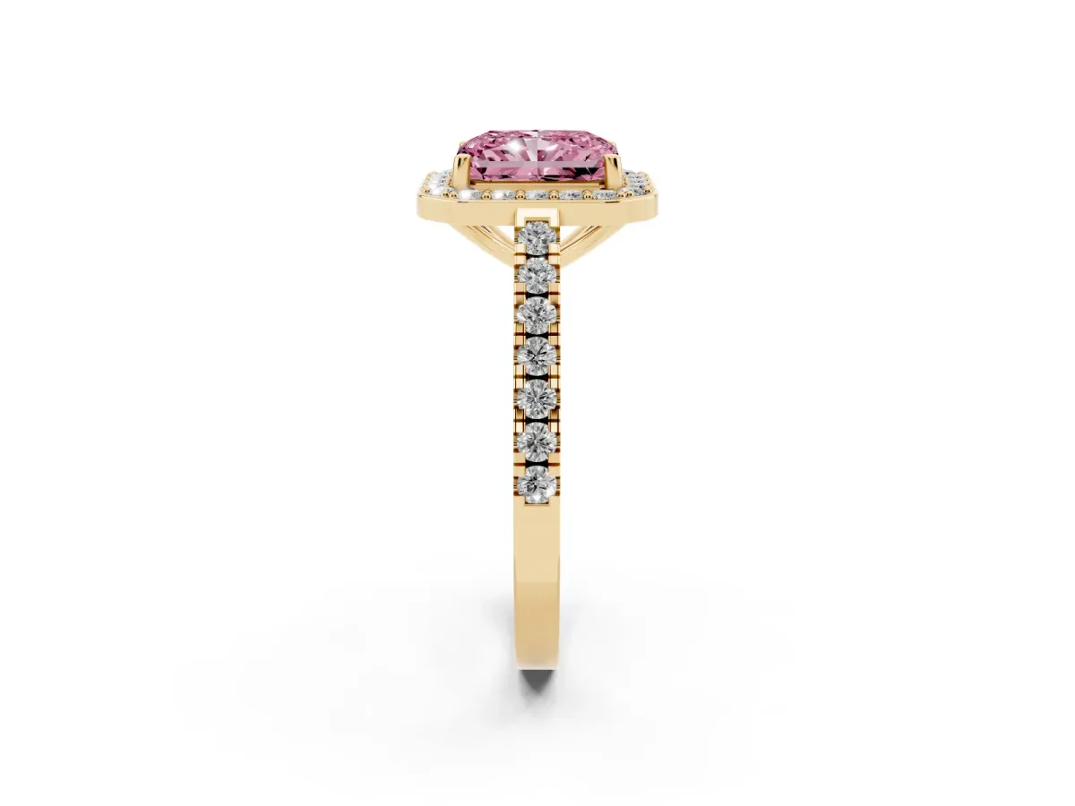 Fancy Pink Radiant Cut Diamond Halo Ring with Round Pavé Split Shank and Prong Setting Yellow gold