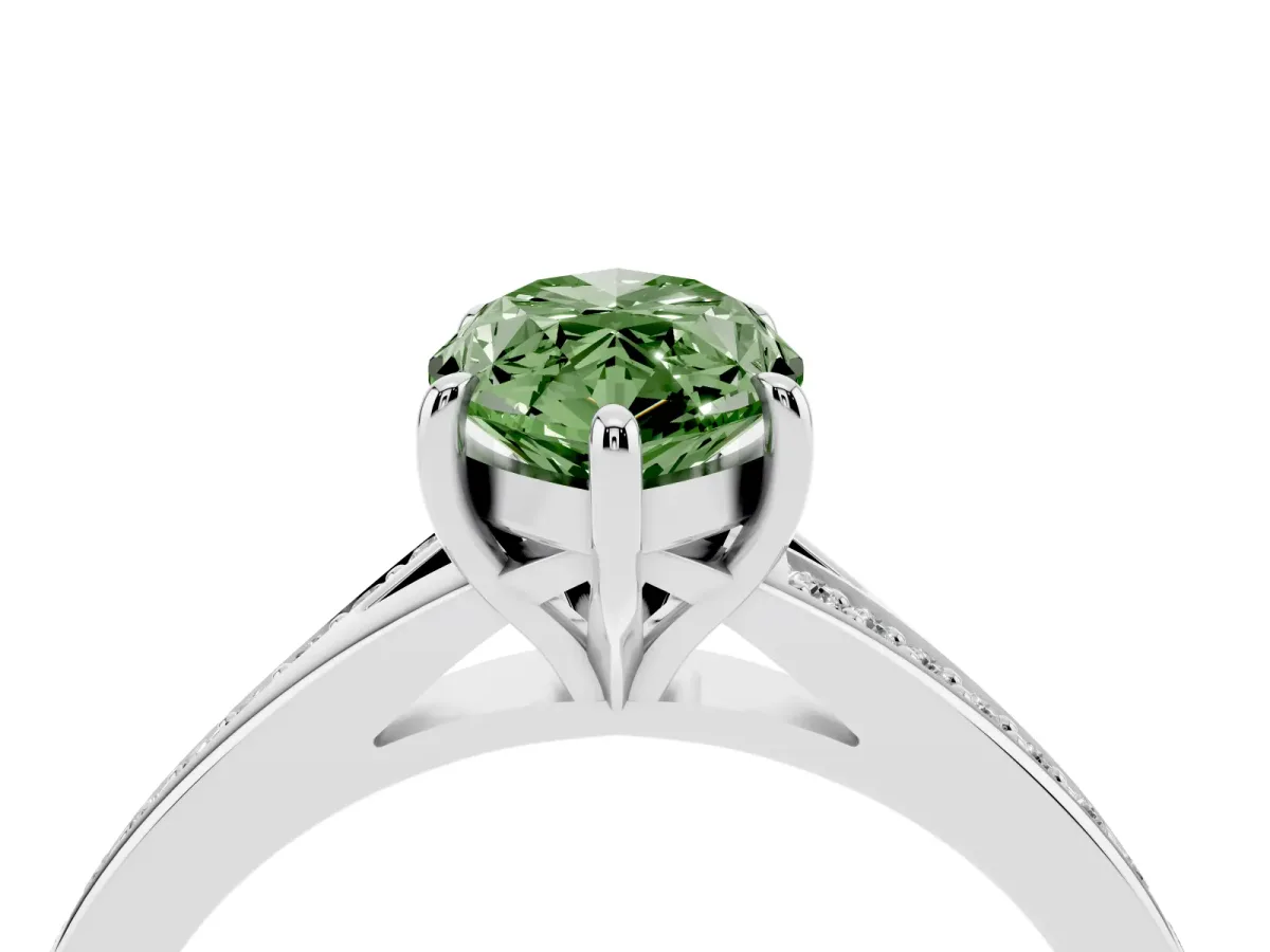 Fancy Green Marquise Cut Diamond Solitaire Ring with Pavé Band and Prong Setting Silver