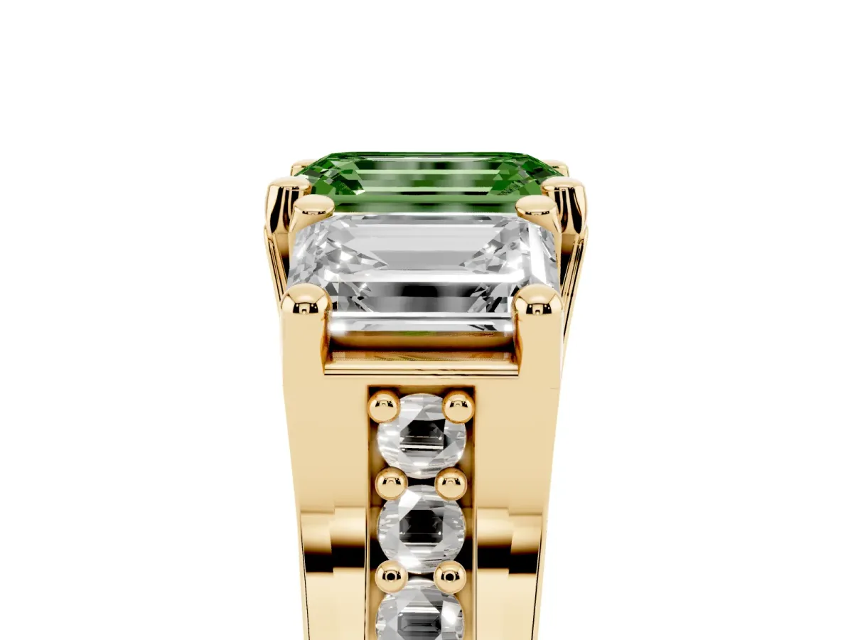 Fancy Green Emerald Cut Diamond Three-Stone Ring with Channel Set Band and Four-Prong Setting Yellow gold