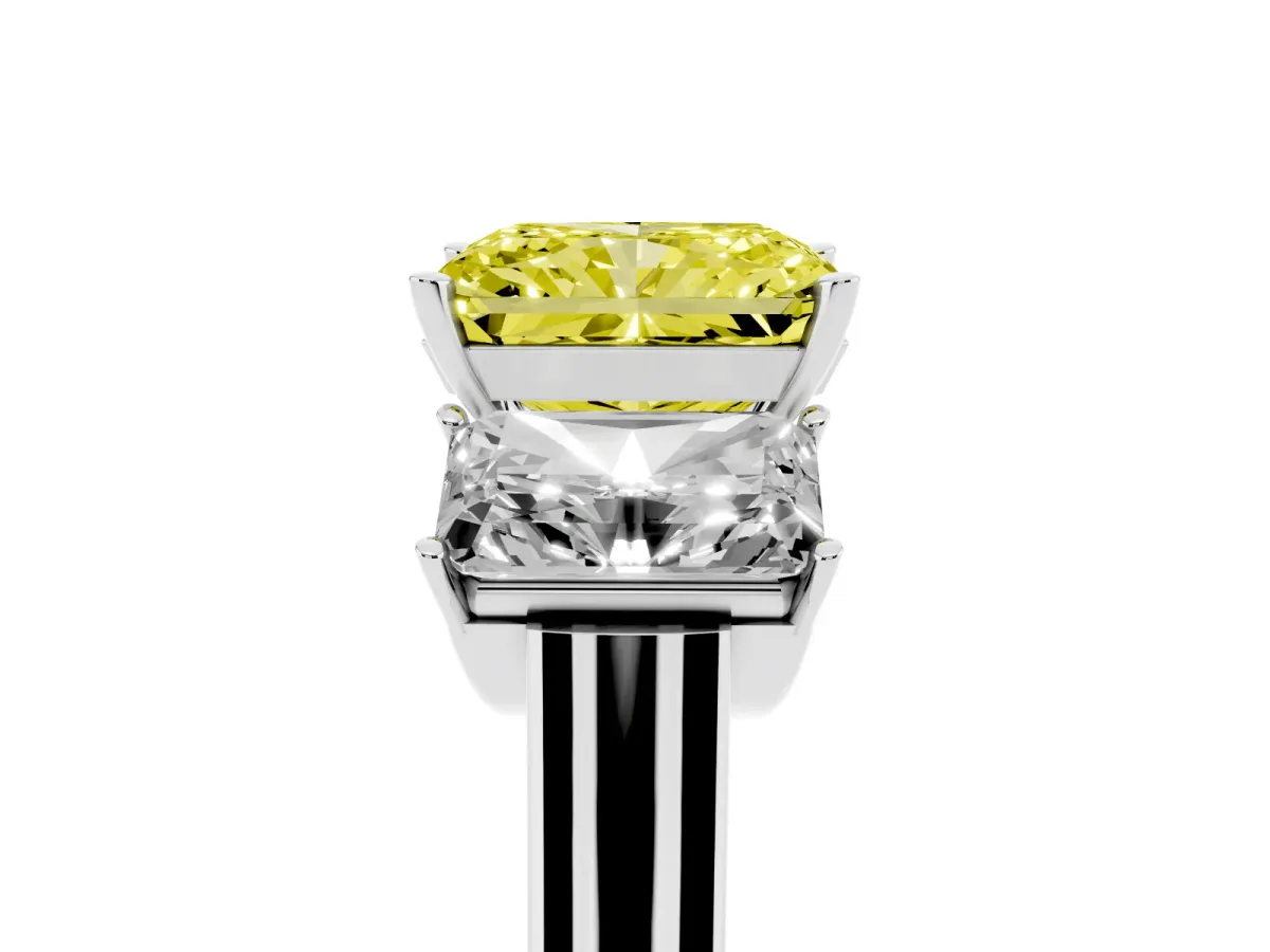 Fancy Yellow Three-Stone Radiant Cut Brilliant Diamond Trellis Ring with Comfort Fit Band Platinum
