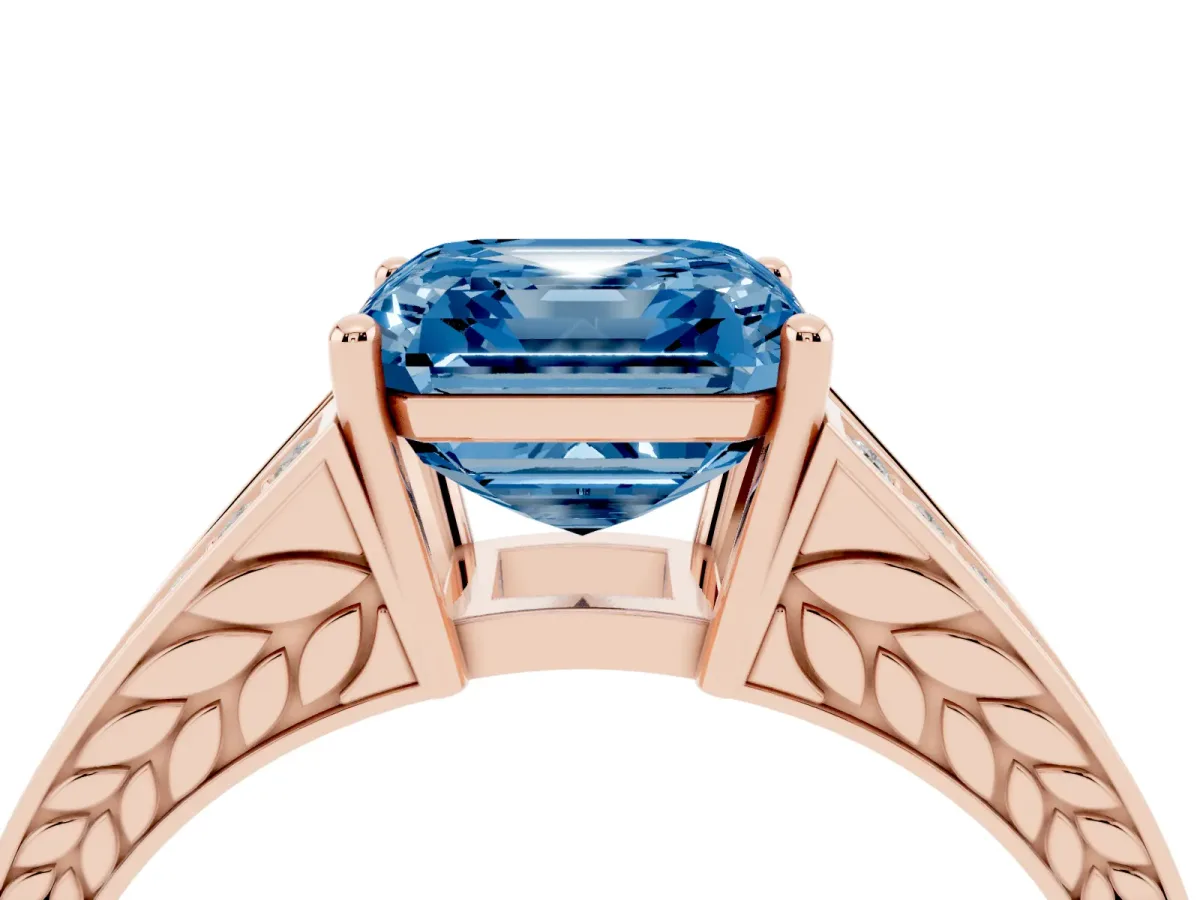 Fancy Blue Asscher Cut Diamond Split Shank Ring with Pavé Band and Four-Prong Setting Rose gold