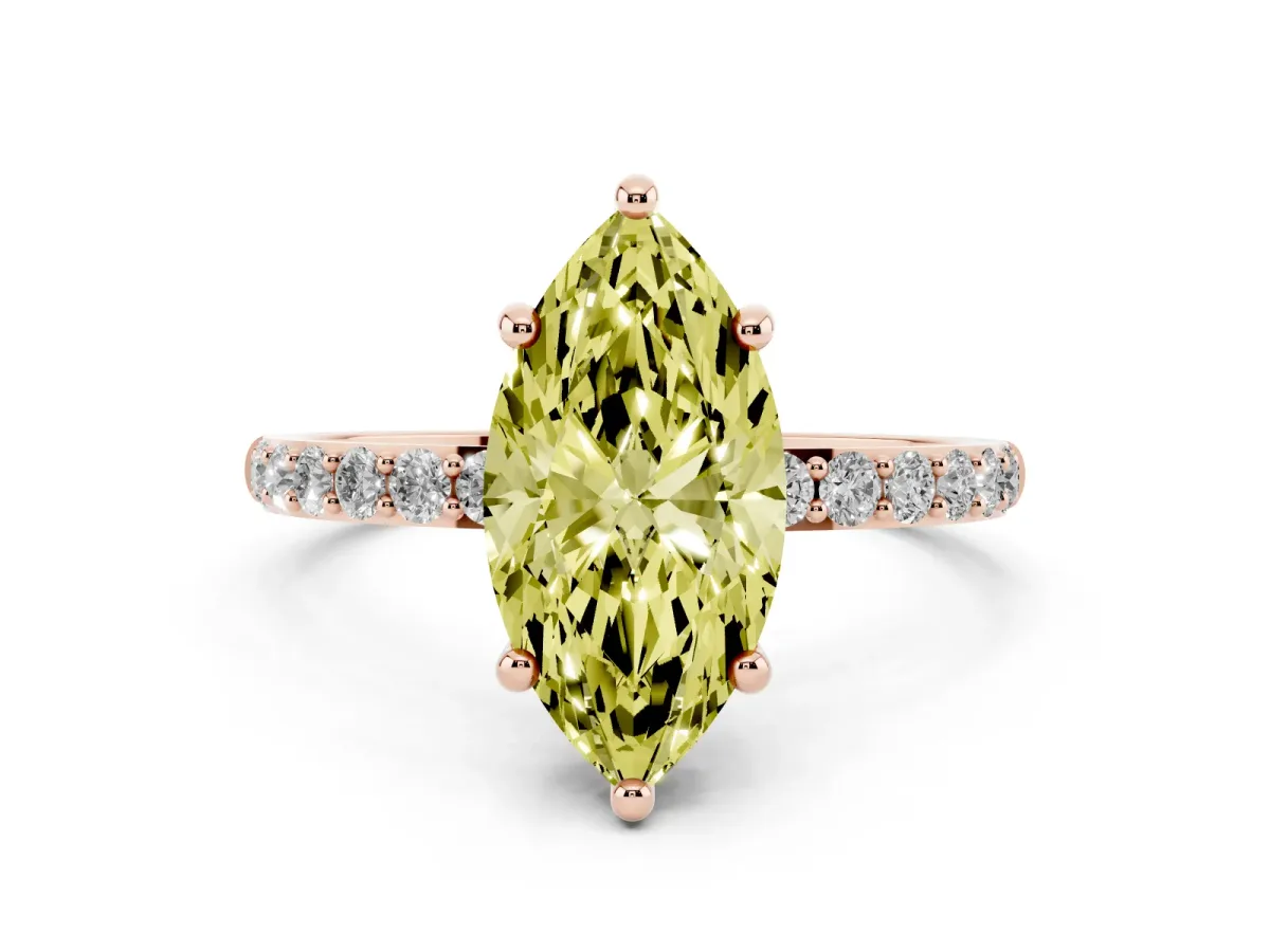 Fancy Yellow Marquise Cut Diamond Solitaire Ring with Round Pavé Band and Prong Setting Rose gold