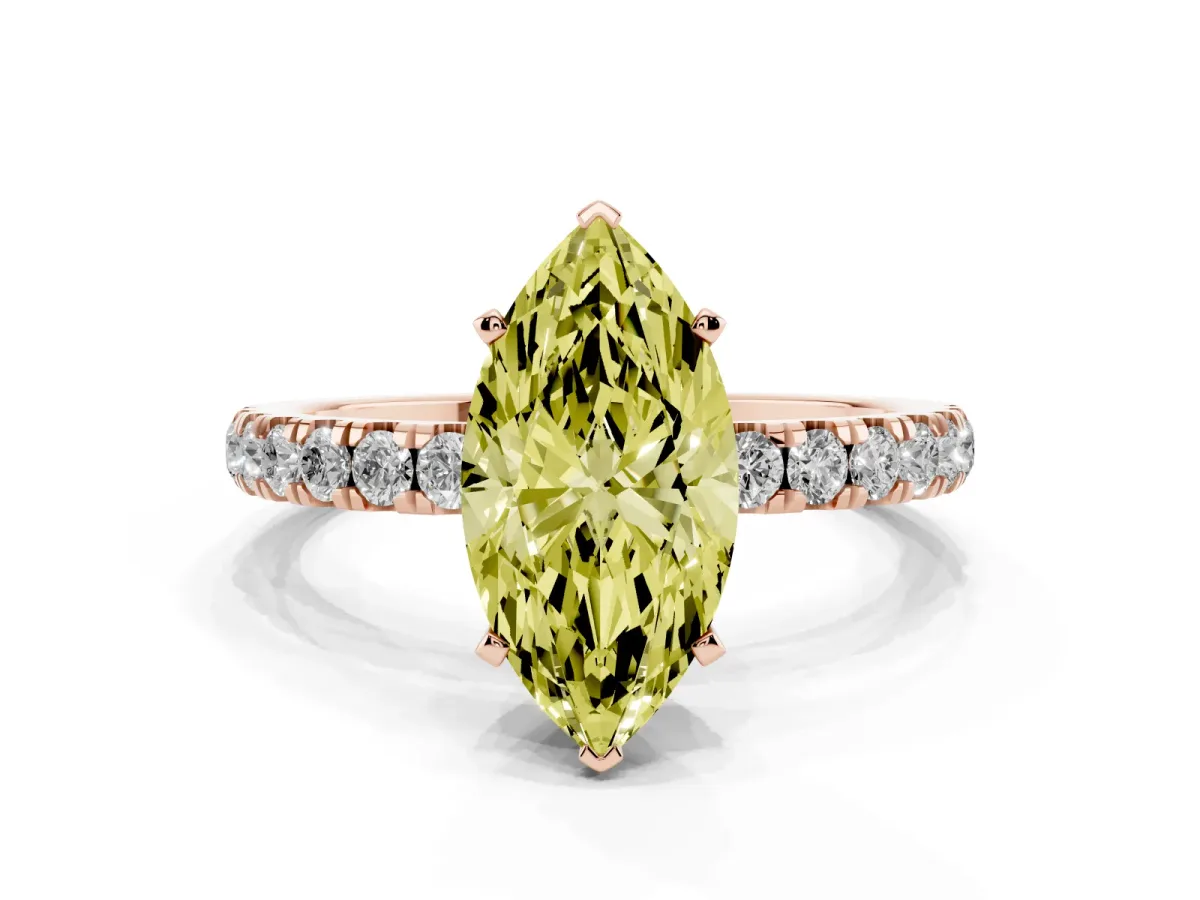 Fancy Yellow Marquise Cut Diamond Solitaire Ring with Pavé Accents and Four-Prong Setting Rose gold