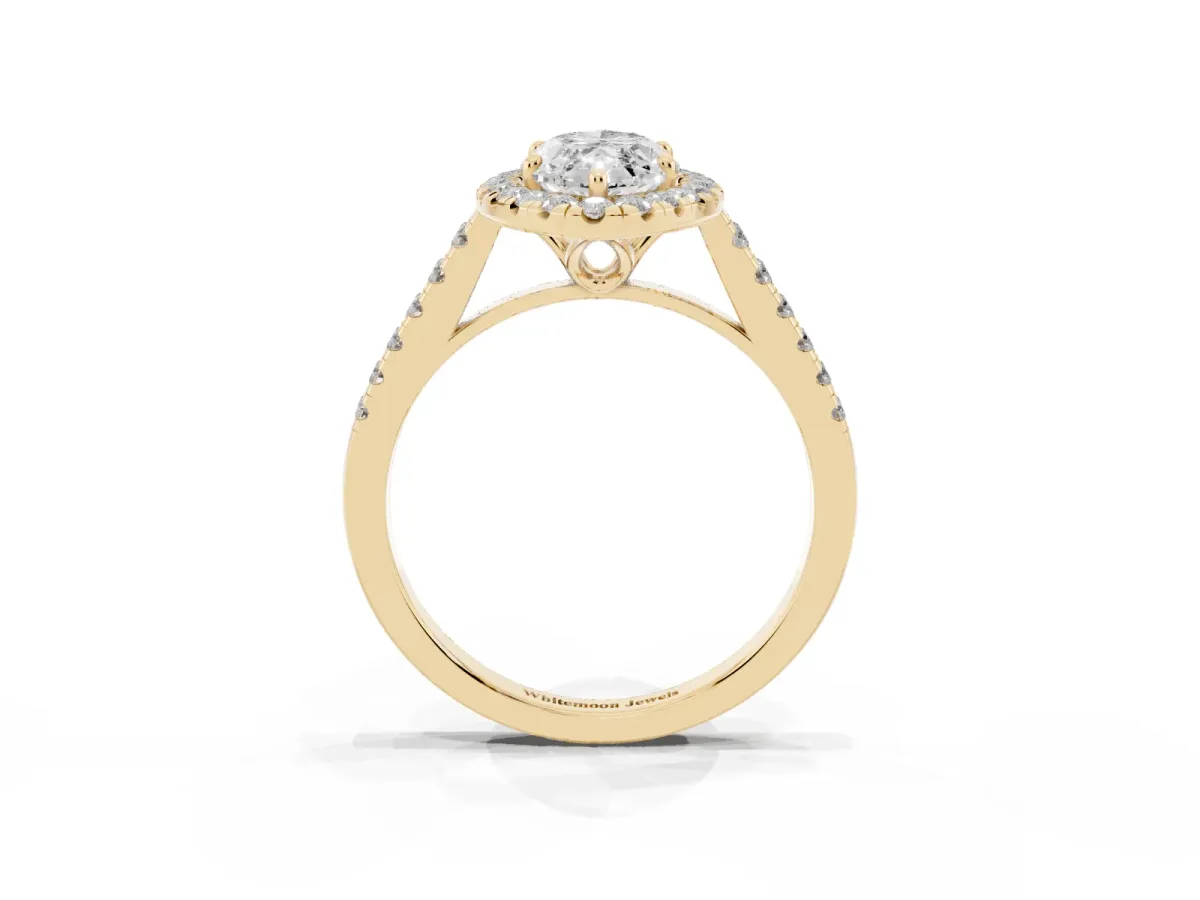 Marquise Cut Halo Pavé Diamond Engagement Ring with Four-Prong Setting Yellow gold