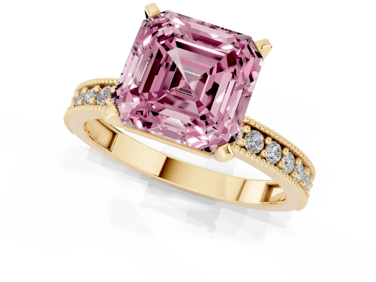 Fancy Pink Asscher Cut Diamond Milgrain Pavé Engagement Ring with Four-Prong Setting Yellow gold