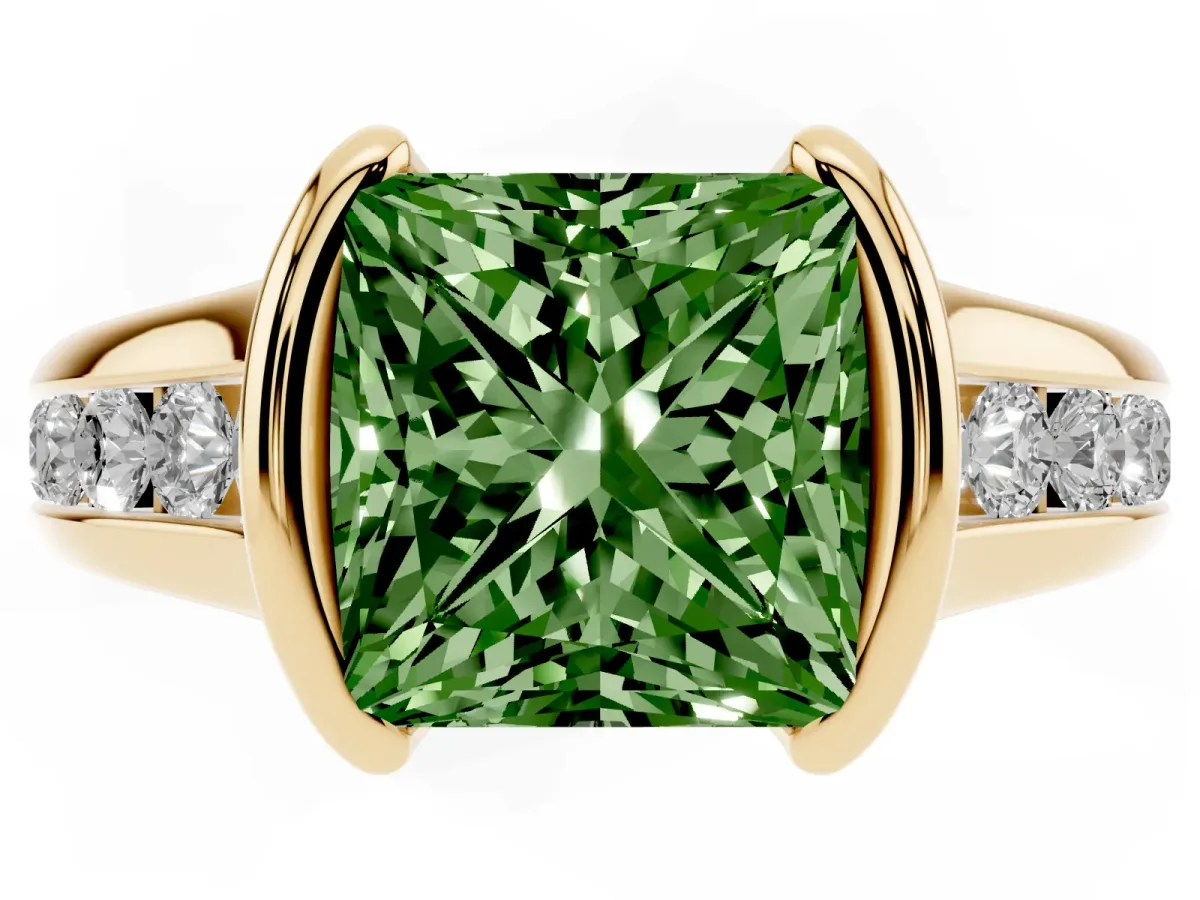 Fancy Green Princess Cut Solitaire Bezel-Set Diamond Ring with Channel-Set Band Yellow gold