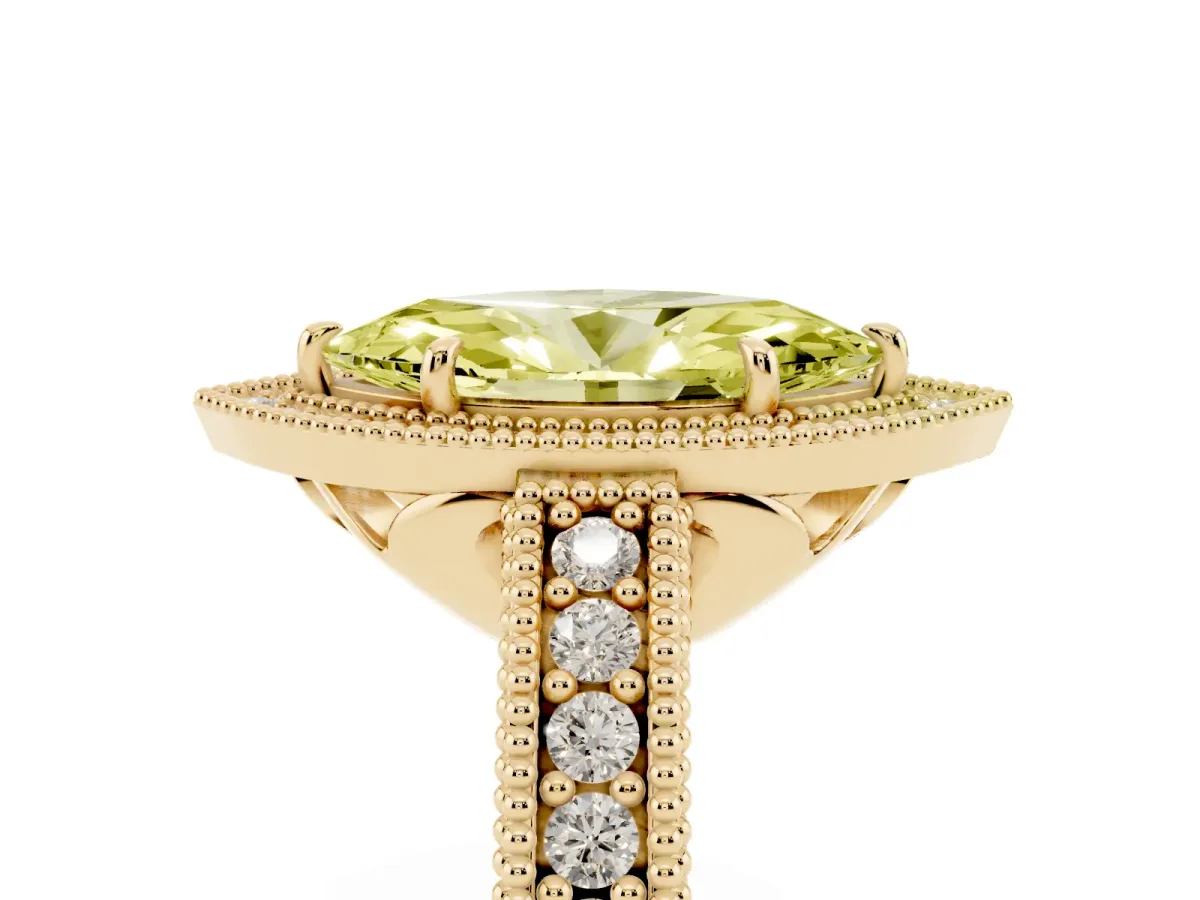 Fancy Yellow Marquise Cut Cut Halo Diamond Ring with Pavé Band and Four-Prong Setting Yellow gold
