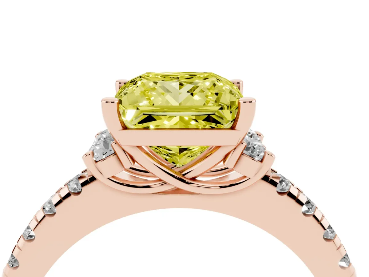 Fancy Yellow Princess Cut Diamond Three-Stone Pave Band with Four-Prong Setting Rose gold