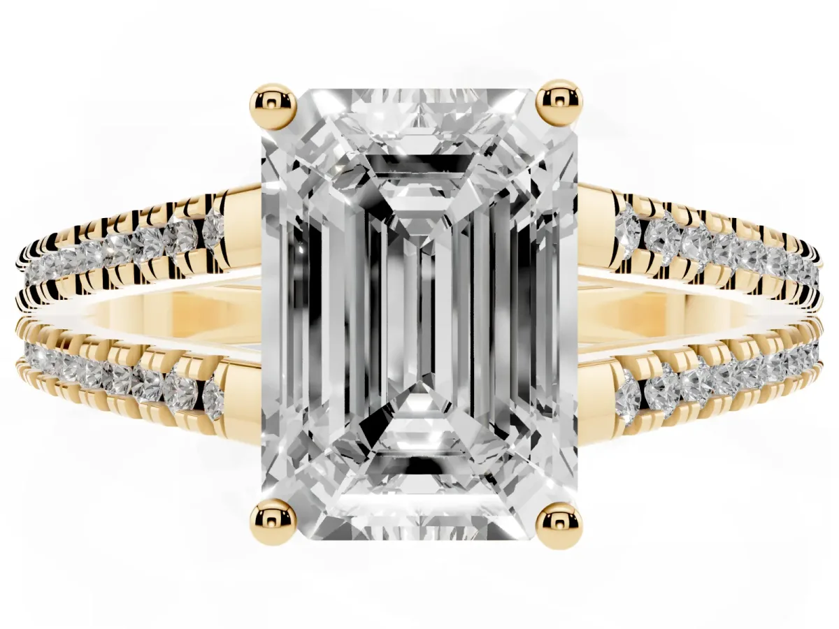 Emerald Cut Diamond Solitaire Engagement Ring with Split Shank Pavé Band Yellow gold